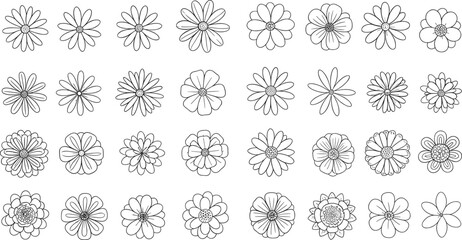 Collection of hand drawn flower icons and floral doodle vector line art illustrations.