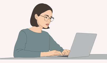 Short-Haired Woman Working on Laptop – Office Vector Illustration