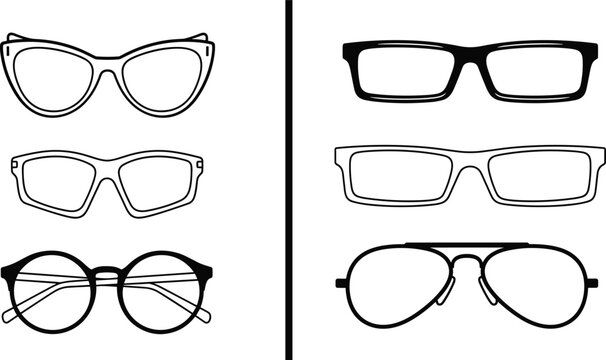 Eyeglasses and sunglasses vector icon set, various fashionable frame styles, cat eye, aviator, rectangular, and round shapes, illustrating optics, vision, and fashion accessories.