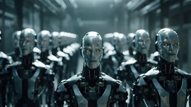 A futuristic, highresolution digital artwork of a group of humanoid robots in a dimly lit corridor. The robots are predominantly silver with black and white accents.