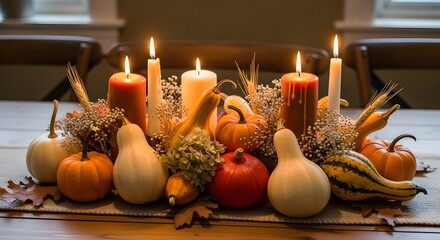 Autumn harvest centerpiece with glowing candles and gourds