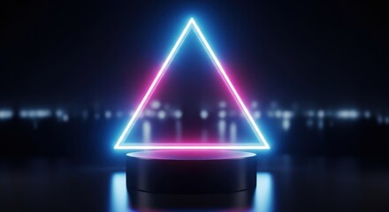 Neon glow triangle on dark podium futuristic background