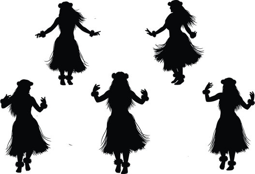 Hula dancer vector silhouette set, Hawaiian woman performing traditional ethnic dance, wearing lei and grass skirt, illustrating island culture, tropical travel, and luau party.