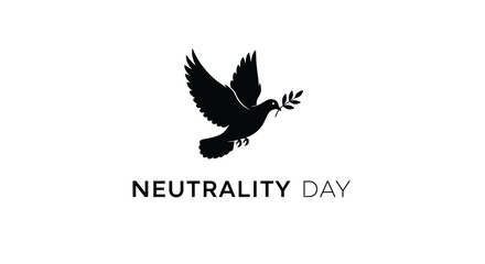 Black silhouette of a dove carrying an olive branch above the text neutrality day isolated on white background