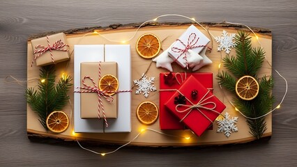 Overhead view of beautifully wrapped Christmas gifts and festive decorations arranged on a rustic wooden board with fairy lights.