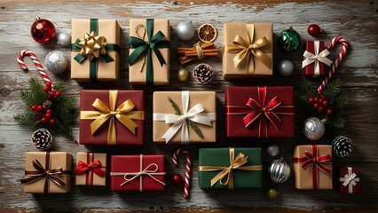 A festive overhead view of various Christmas gift boxes and holiday decorations arranged on a rustic wooden surface.