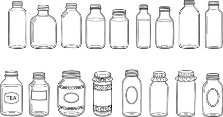 Collection of hand drawn glass bottles and mason jars vector line art illustrations isolated on white background.