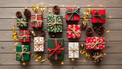 A collection of festive Christmas gift boxes, pine cones, and decorative ribbons arranged on a rustic wooden background, illuminated by string lights.