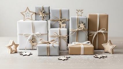A charming collection of festive gifts wrapped in white, grey, and kraft paper, adorned with natural twine and wooden ornaments, set against a light background.