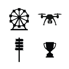Four black icons: Ferris wheel, drone, directional signpost, and trophy cup amusement park ride