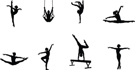 Acrobat and gymnast silhouettes set, aerial ring performance, balance beam poses, artistic sport motion shapes, flexibility training vectors, dance 