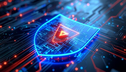 Digital Fortress:  A high-tech digital shield glows with an illuminated interface, a potent symbol of digital security, protection and safeguarding in the modern technology world.