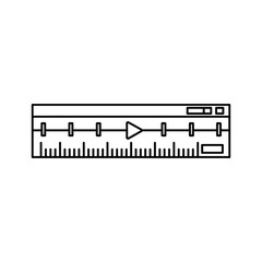 Line art icon of a video player interface with a timeline and play button, isolated on