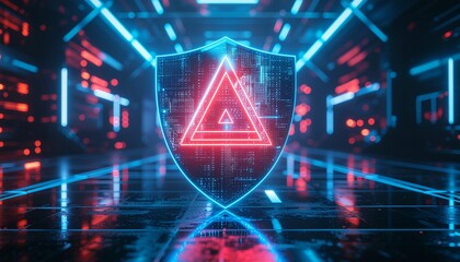 Digital Fortress: Futuristic display of a glowing shield overlaid with a glowing warning triangle, emphasizing the concept of data security and cybersecurity in a digital world.