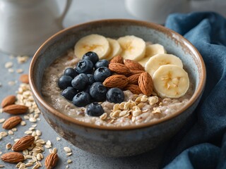 Oatmeal porridge bowl with banana, blueberries, and almonds. Healthy breakfast with milk jug background.