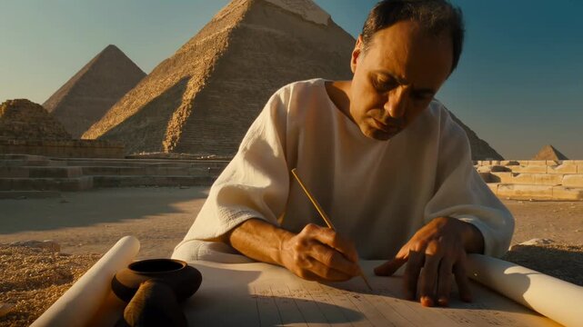 Ancient Egyptian scribe recording measurements on papyrus scroll by pyramid under warm sun shadows