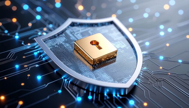 Cybersecurity Shield: A digitally rendered image of a shield with a padlock at its center. The design conveys the concept of digital protection and security.