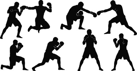 Boxing vector black silhouettes set, professional fighters in dynamic combat and punching poses, illustrating sports, fitness, martial arts, competition, and intense physical training.
