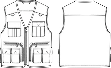Multi pocket tactical vest outlines, front and back view, utility waistcoat design, fishing vest sketch, workwear apparel illustration, sleeveless jacket template