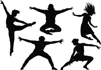 Dynamic jumping vector silhouettes set, young men and women in various high-energy poses, illustrating freedom, excitement, active lifestyle, dance, and expressive movement graphics.