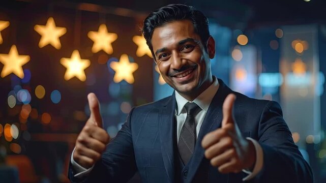 Confident Businessman Gives Thumbs Up Gesture