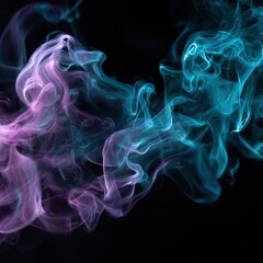 Obraz premium Ethereal Smoke Plumes - Abstract Swirls of Teal and Lavender on Black.