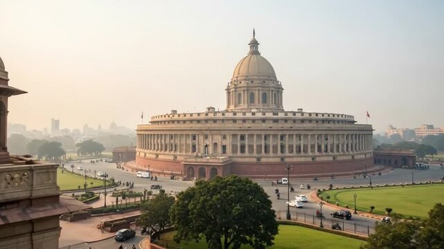 Scenic views of the Parliament House in New Delhi, India, on a hazy morning