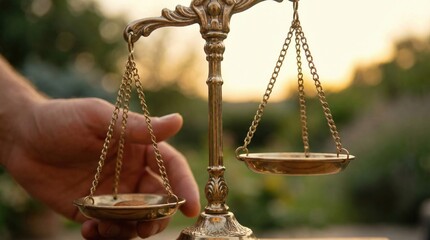 Close up shot of golden scales held by a human hand
