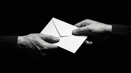Hands Exchanging a White Envelope in Black and White