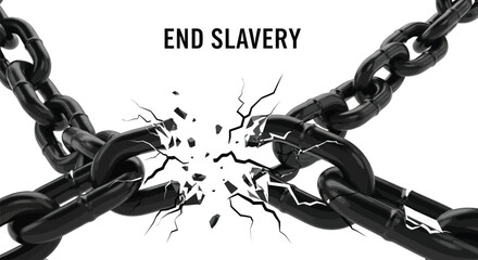 Breaking heavy black metal chain link symbolizing the urgent call to end slavery and promote freedom, isolated on white background