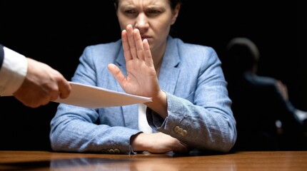 Woman refusing document with gesture in a tense close up