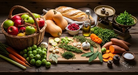 Abundant harvest of fresh fruits vegetables and bread on rustic table