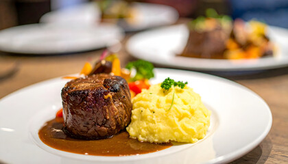 Filet mignon plate mashed potatoes vegetables steak gourmet meal dinner closeup delicious white background restaurant generative AI