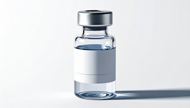 Vaccine Vial with Metallic Cap and Clear Label on Reflective Surface – 4K Ultra HD Medical Render Symbolizing Public Health, Disease Prevention, and Clinical Precision in Minimal Studio Composition - Powered by Adobe