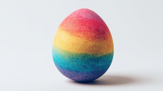 A vibrant rainbow easter egg sits on a smooth light colored surface. Its colorful layers blend beautifully capturing the spirit of spring celebrations and creativity.