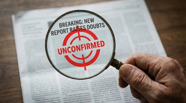 Under Scrutiny: A magnifying glass hovers over a newspaper headline, with UNCONFIRMED stamped boldly, suggesting a story shrouded in doubt. 