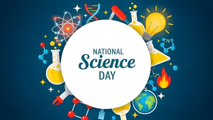 Illustration celebrating national science day featuring various scientific symbols like atoms, beakers, and a lightbulb
