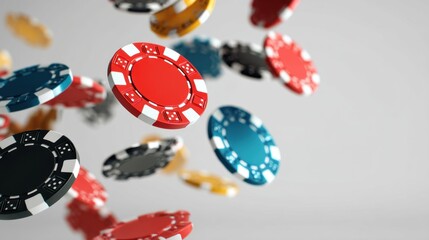 Poker chips of various colors cascade through the air creating an energetic scene associated with card games and gambling fun. Bright colors enhance the lively atmosphere of play.