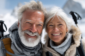Smiling senior couple enjoying a bright winter day in the mountains, celebrating vitality, connection and a joyful active lifestyle - concept of healthy aging and positive senior wellbeing