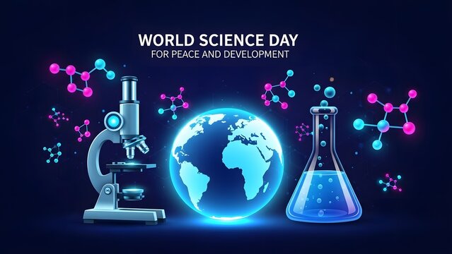 World science day for peace and development illustration featuring a microscope, glowing earth, and laboratory flask