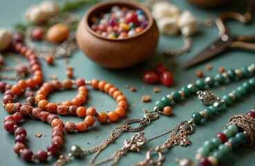 Flatlay of jewelry making process with beads, chains, tools. DIY bijouterie creation. Handcrafted accessories arrangement on table. Gemstones, necklace, bracelet. Handmade jewelry small business