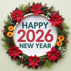 Festive New Year 2026 Wreath with Poinsettias and Evergreen Foliage