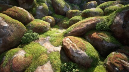Lush Greenery with Vibrant Moss Covering Boulders in a Natural Rocky Landscape, Creating a Serene Outdoor Environment for Exploration and Adventure