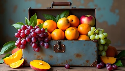 Metal toolbox packed with oranges, grapes, apple slices and mango instead of tools, humorous twist, bright market-friendly concept.