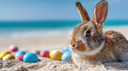 A brown rabbit relaxes on soft sand at the beach while colorful eggs are scattered nearby. The bright blue ocean waves gently lap the shore in the background.