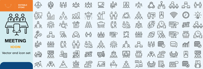 Meeting icon set. Containing seminar, business meeting, presentation, interview, conference, assembly, agreement and discussion icons. Solid icon collection.