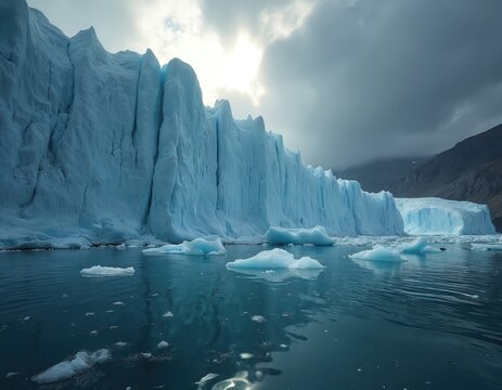 Massive glacier wall towers over deep blue water. Icebergs float in the sea. Mountains rise in distance under cloudy sky. Cold polar nature landscape.