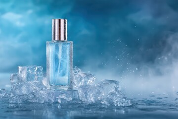 Elegant Perfume Bottle on Ice with Blue Hues and Misty Background.