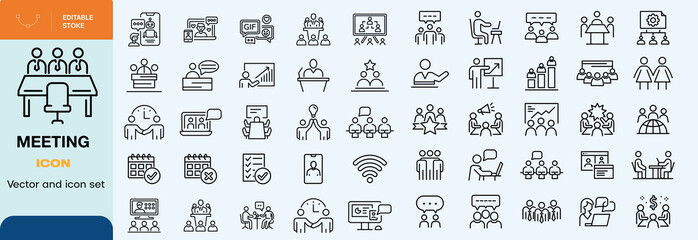 Meeting icon set. Containing seminar, business meeting, presentation, interview, conference, assembly, agreement and discussion icons. Solid icon collection.