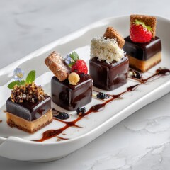Elegant Quartet of Glossy Chocolate Petit Fours with Intricate Toppings on a White Platter.